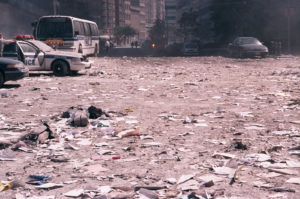 Ash covers the ground near the area known as Ground Zero after the collapse of the Twin Towers on September 11, 2001 in New York City.